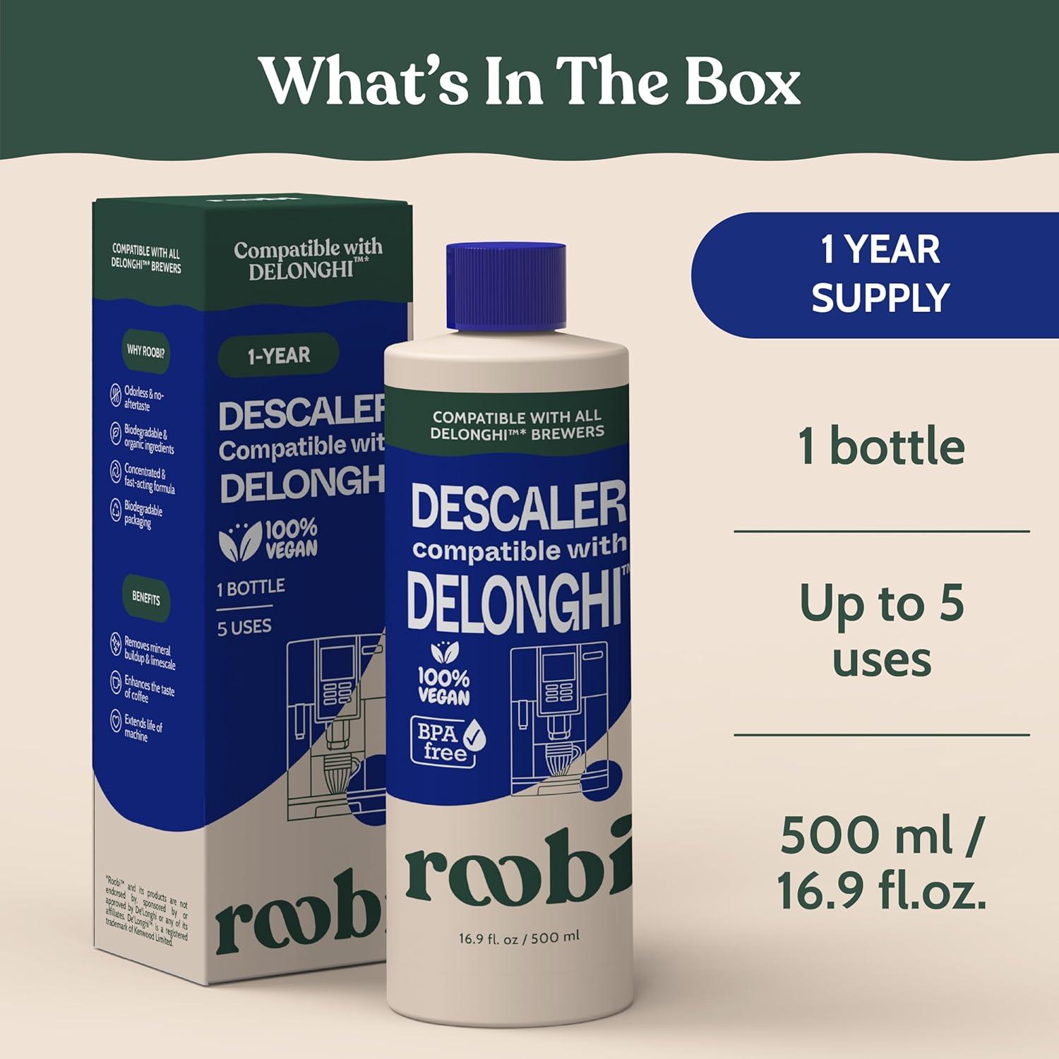 image:imageRoobi DeLonghi Compatible Cleaning Descaling Kit Includes 1 Bottle of Descaling Solution and 4 DeLonghi Filters Carbon Neutral DeLonghi Cleaner Descaler Kit 1 Year SupplyDescaling Solution