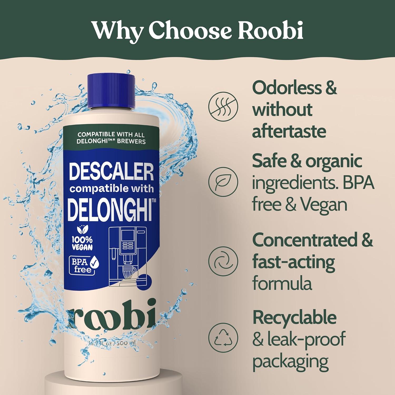 image:imageRoobi DeLonghi Compatible Cleaning Descaling Kit Includes 1 Bottle of Descaling Solution and 4 DeLonghi Filters Carbon Neutral DeLonghi Cleaner Descaler Kit 1 Year SupplyDescaling Solution