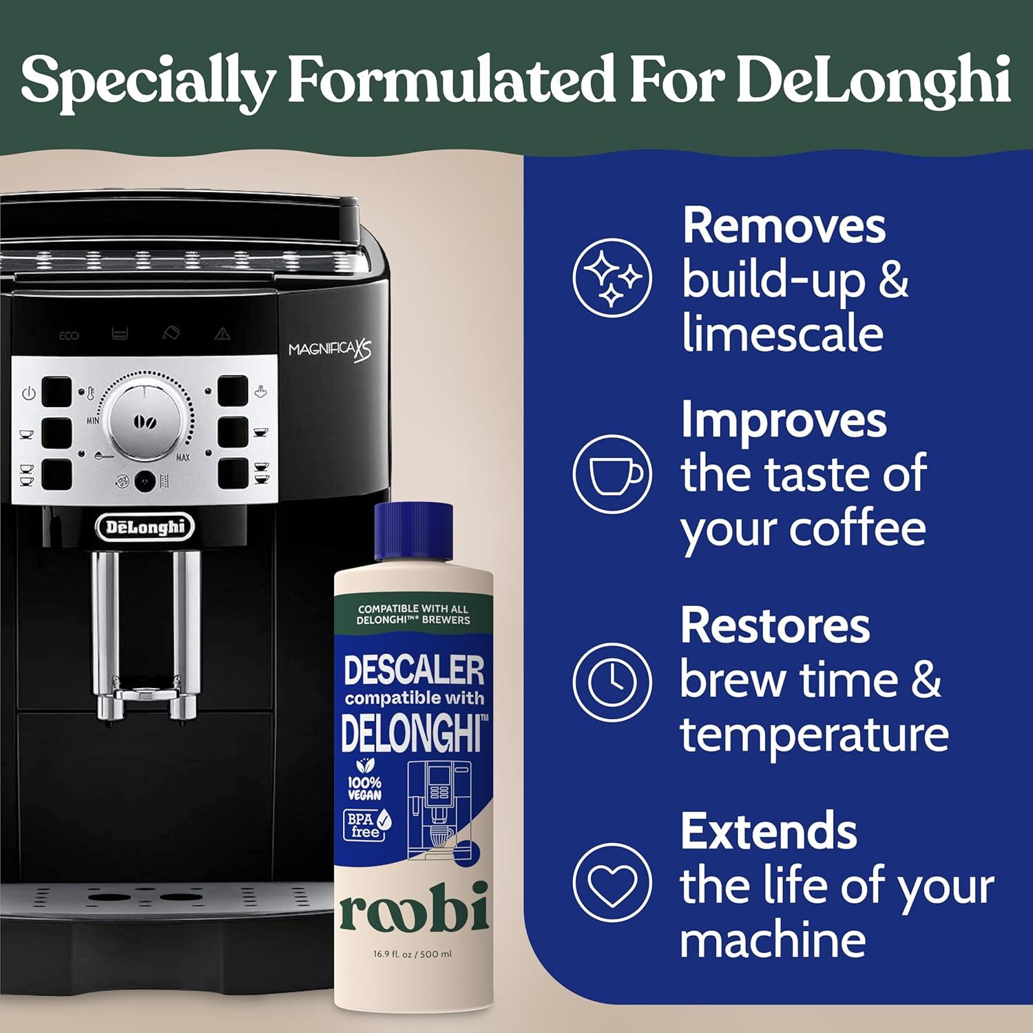 image:imageRoobi DeLonghi Compatible Cleaning Descaling Kit Includes 1 Bottle of Descaling Solution and 4 DeLonghi Filters Carbon Neutral DeLonghi Cleaner Descaler Kit 1 Year SupplyDescaling Solution