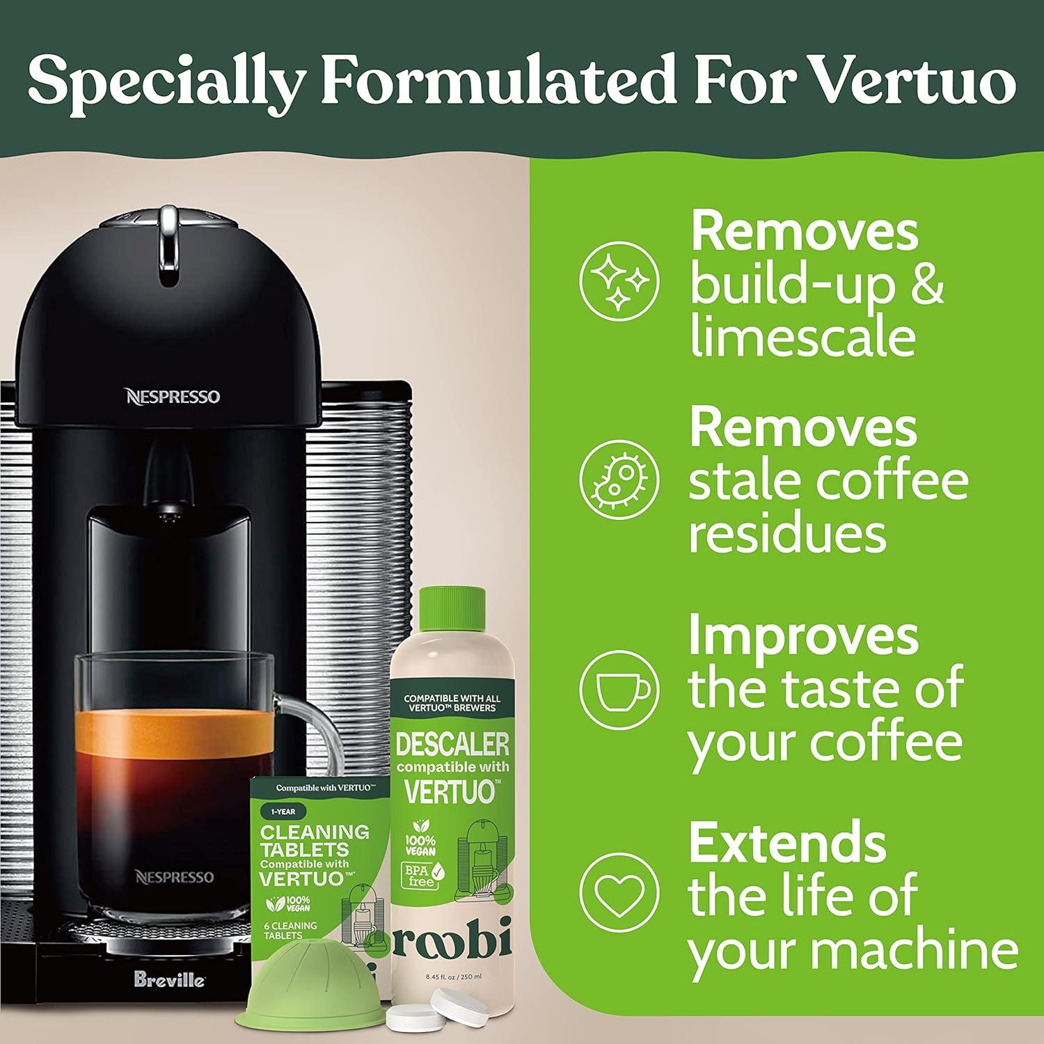 image:imageRoobi Nespresso Compatible Vertuo Cleaning amp Descaling Kit Includes 1 Bottle of Descaling Solution 6 Cleaning Tablets and 1 Reusable Pod Carbon Neutral Vertuoline Maintenance Kit 6 Month Supply
