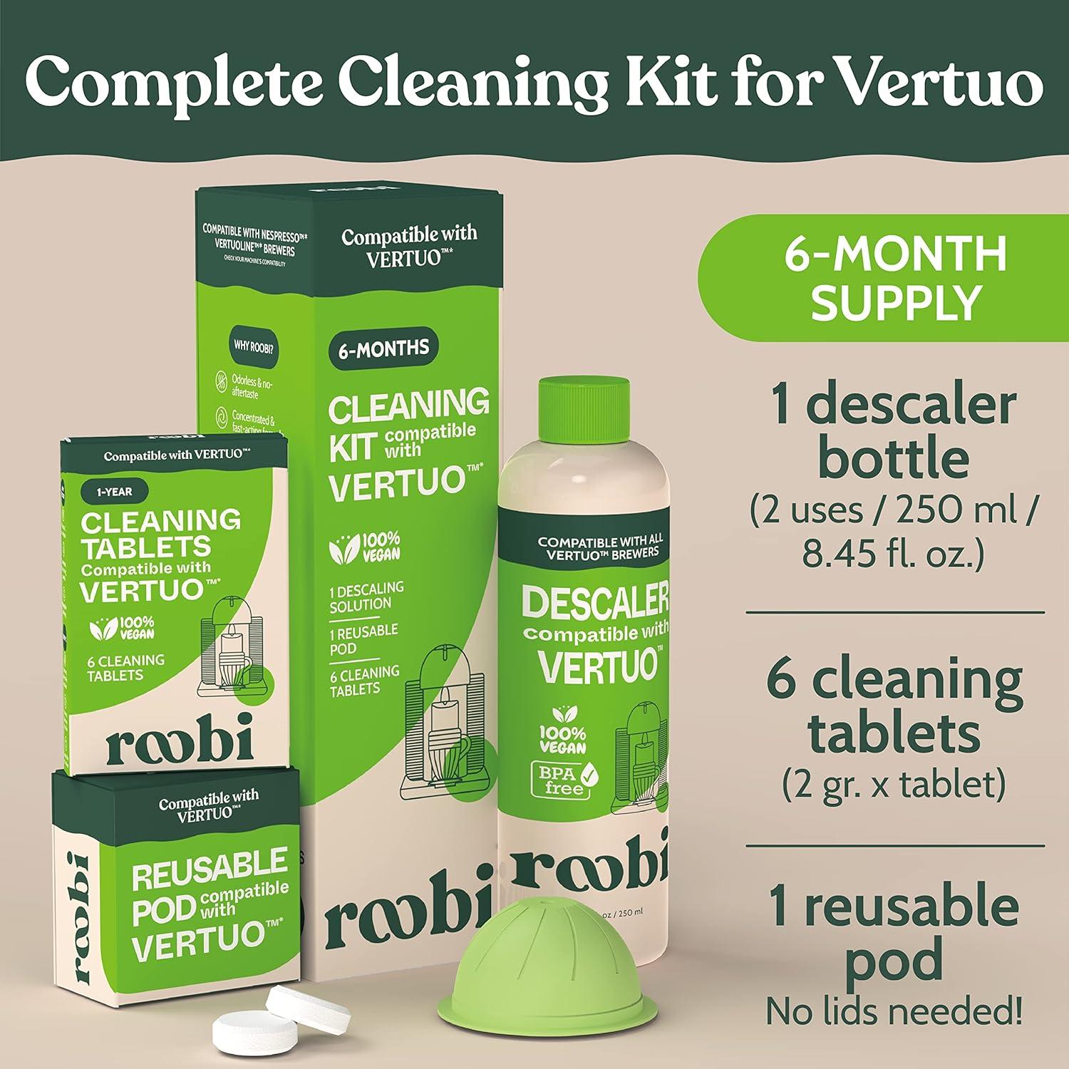 image:imageRoobi Nespresso Compatible Vertuo Cleaning amp Descaling Kit Includes 1 Bottle of Descaling Solution 6 Cleaning Tablets and 1 Reusable Pod Carbon Neutral Vertuoline Maintenance Kit 6 Month Supply