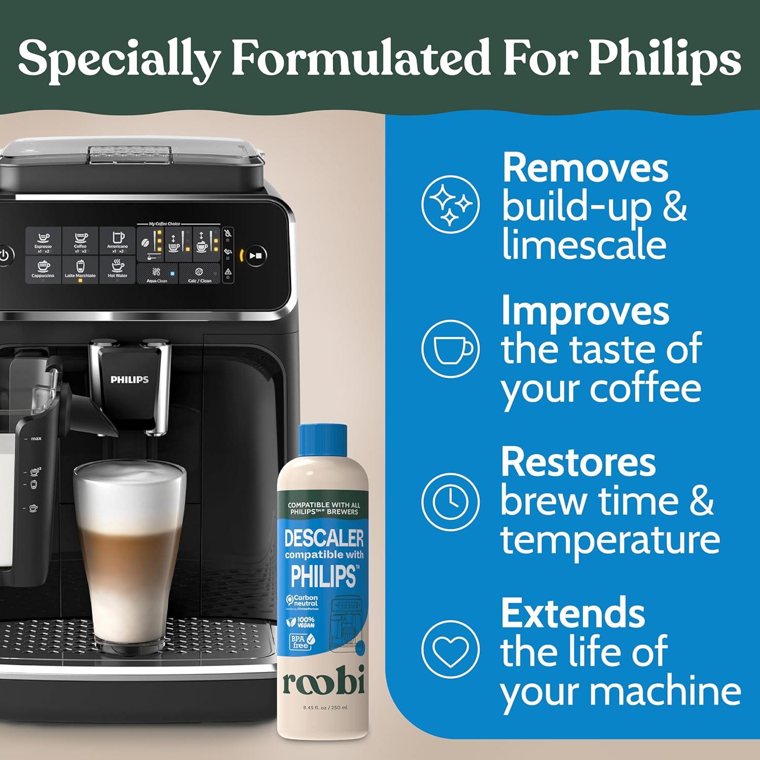 image:imageRoobi Philips Compatible Descaling Solution amp Cleaner Specially Formulated for Philips Espresso Machines Carbon Neutral Descaler Kit 2 Uses per Bottle 2 PackDescaling Solution