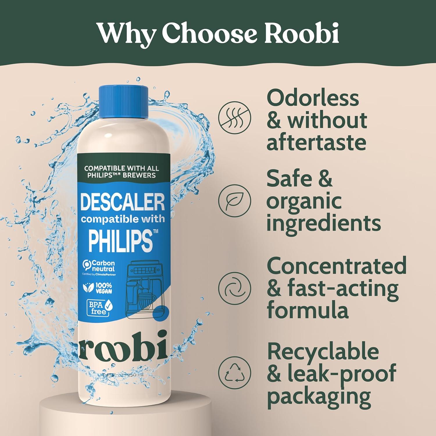 image:imageRoobi Philips Compatible Descaling Solution amp Cleaner Specially Formulated for Philips Espresso Machines Carbon Neutral Descaler Kit 2 Uses per Bottle 2 PackDescaling Solution