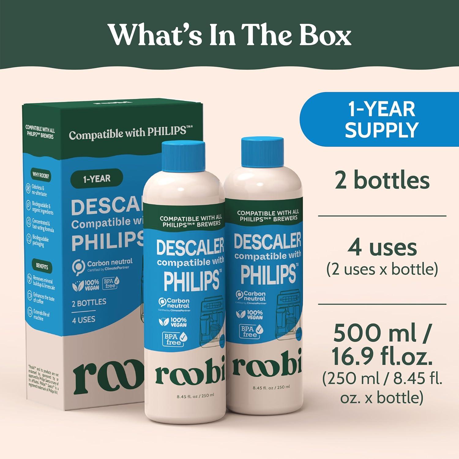 image:imageRoobi Philips Compatible Descaling Solution amp Cleaner Specially Formulated for Philips Espresso Machines Carbon Neutral Descaler Kit 2 Uses per Bottle 2 PackDescaling Solution