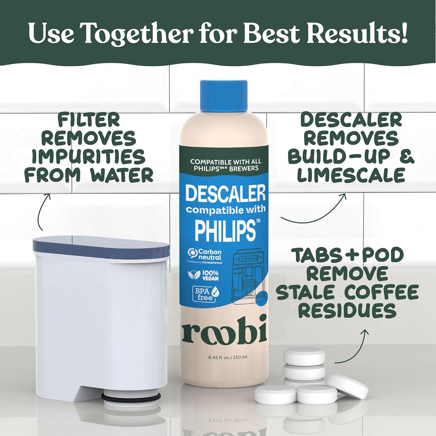 image:imageRoobi Philips Compatible Descaling Solution amp Cleaner Specially Formulated for Philips Espresso Machines Carbon Neutral Descaler Kit 2 Uses per Bottle 2 PackDescaling Solution