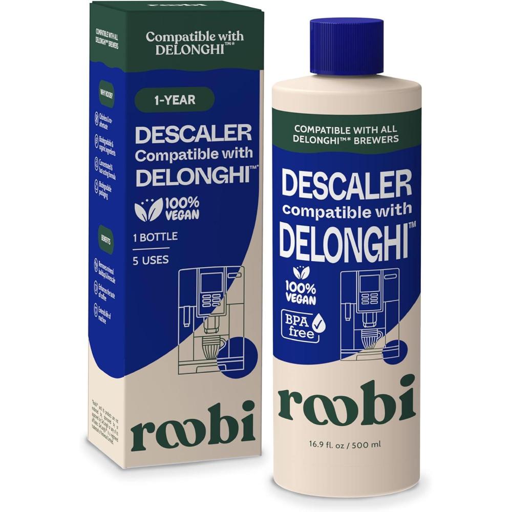 image:imageRoobi DeLonghi Compatible Cleaning Descaling Kit Includes 1 Bottle of Descaling Solution and 4 DeLonghi Filters Carbon Neutral DeLonghi Cleaner Descaler Kit 1 Year SupplyDescaling Solution