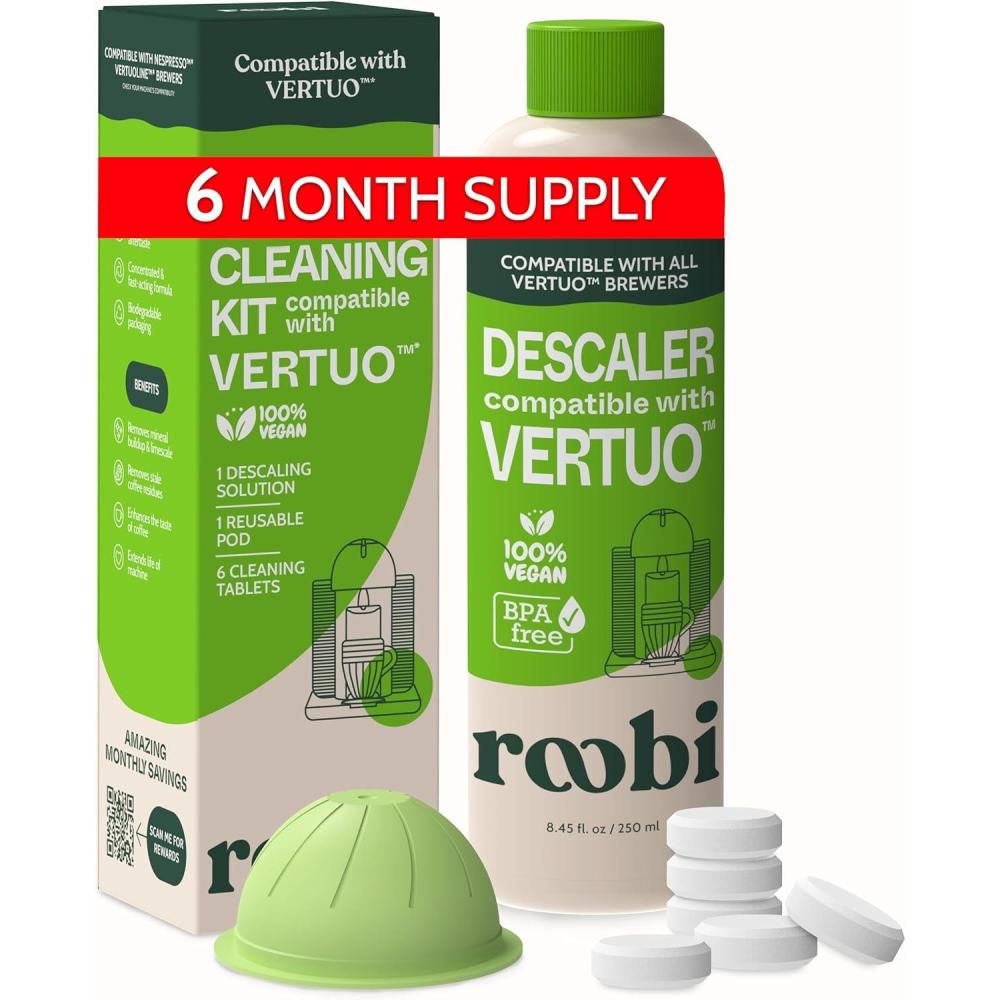 image:imageRoobi Nespresso Compatible Vertuo Cleaning amp Descaling Kit Includes 1 Bottle of Descaling Solution 6 Cleaning Tablets and 1 Reusable Pod Carbon Neutral Vertuoline Maintenance Kit 6 Month Supply