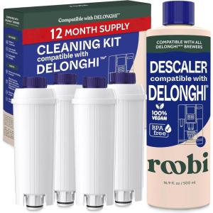 image:imageRoobi DeLonghi Compatible Cleaning Descaling Kit Includes 1 Bottle of Descaling Solution and 4 DeLonghi Filters Carbon Neutral DeLonghi Cleaner Descaler Kit 1 Year SupplyDescaling Solution  Filters