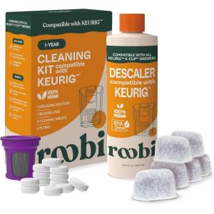 image:imageRoobi Keurig Compatible Descaling Solution amp Cleaning Kit Includes 1 Bottle of Keurig Descaler 12 Cleaning Tablets 1 Reusable Pod and 6 Water Filters Carbon Neutral 1 Year SupplyDescaling  Cleaning Kit