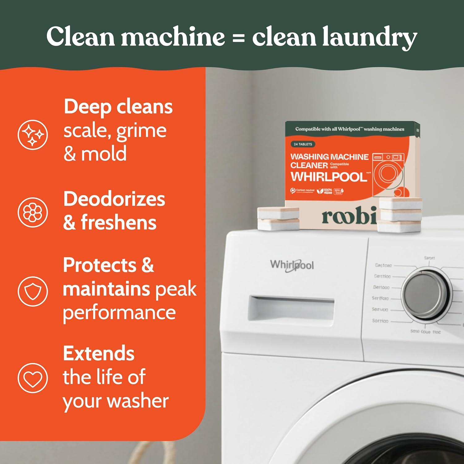 image:imageRoobi Washing Machine Cleaner Tablets Compatible with Maytag and All Washing Machine Brands and Models Septic Safe Deep Clean Formula CarbonNeutral 24Pack Cleaning TabletsWhirlpool Cleaner