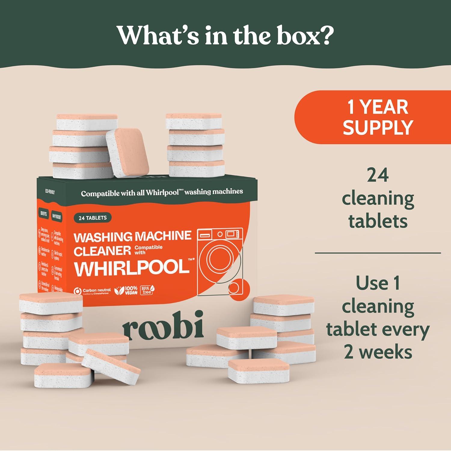image:imageRoobi Washing Machine Cleaner Tablets Compatible with Maytag and All Washing Machine Brands and Models Septic Safe Deep Clean Formula CarbonNeutral 24Pack Cleaning TabletsWhirlpool Cleaner