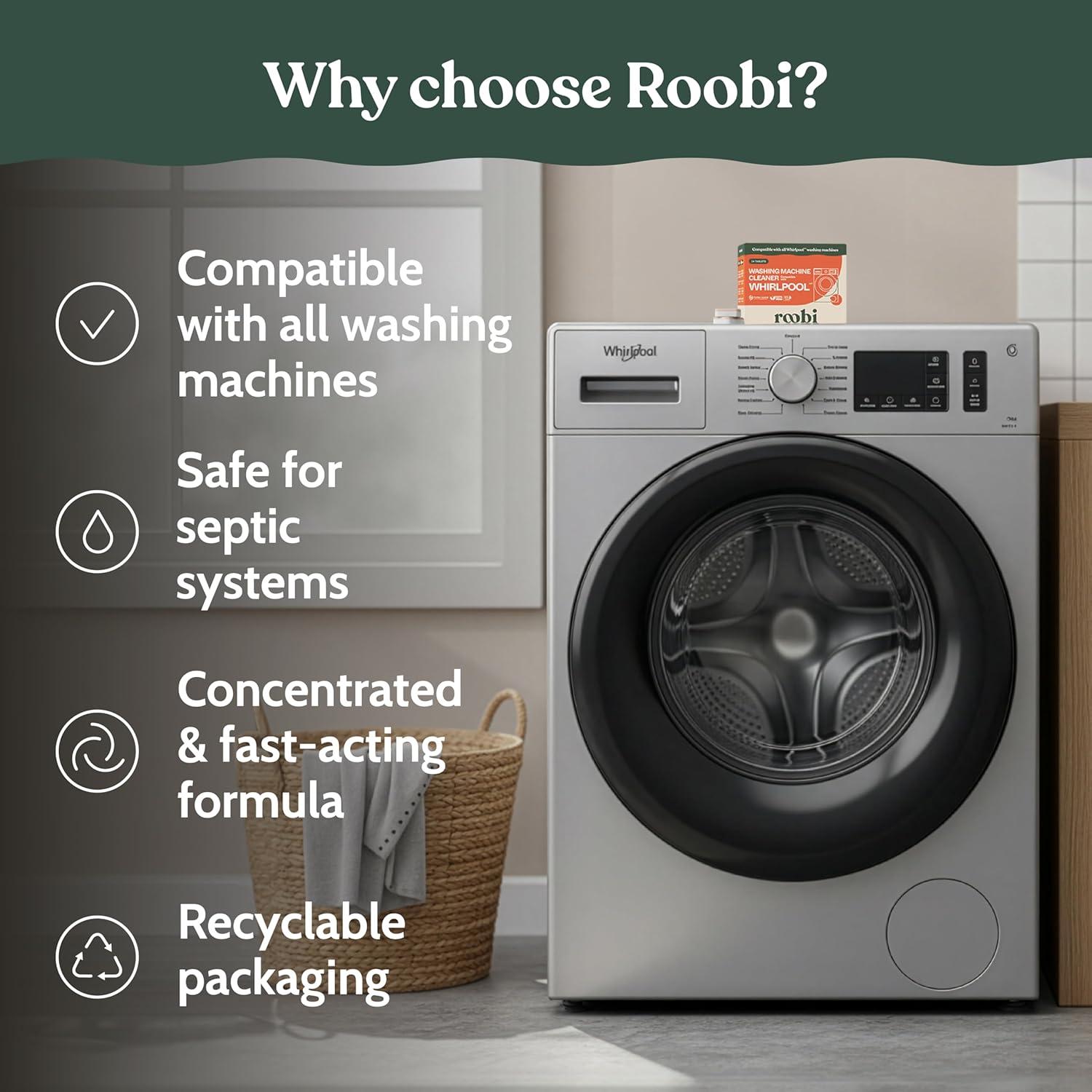 image:imageRoobi Washing Machine Cleaner Tablets Compatible with Maytag and All Washing Machine Brands and Models Septic Safe Deep Clean Formula CarbonNeutral 24Pack Cleaning TabletsWhirlpool Cleaner