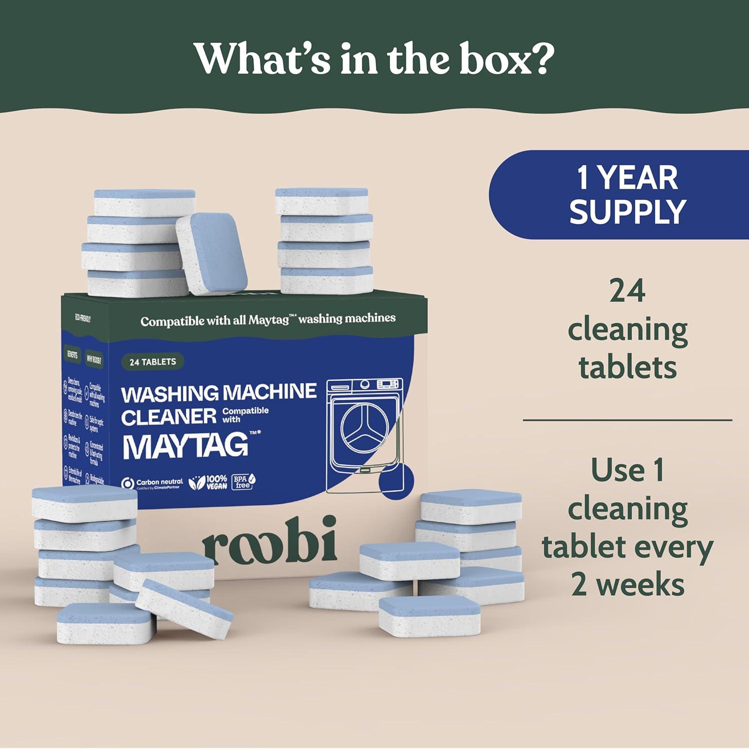 image:imageRoobi Washing Machine Cleaner Tablets Compatible with Maytag and All Washing Machine Brands and Models Septic Safe Deep Clean Formula CarbonNeutral 24Pack Cleaning TabletsMaytag Cleaner