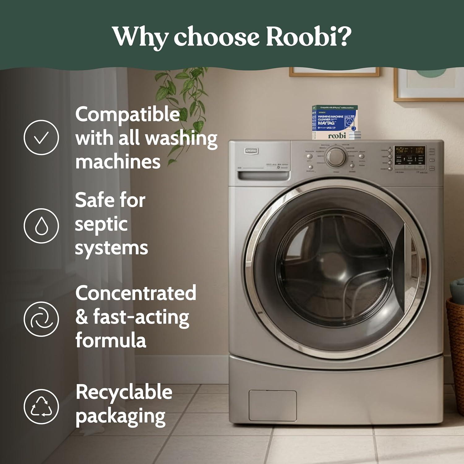 image:imageRoobi Washing Machine Cleaner Tablets Compatible with Maytag and All Washing Machine Brands and Models Septic Safe Deep Clean Formula CarbonNeutral 24Pack Cleaning TabletsMaytag Cleaner