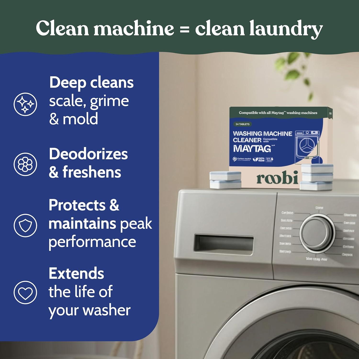 image:imageRoobi Washing Machine Cleaner Tablets Compatible with Maytag and All Washing Machine Brands and Models Septic Safe Deep Clean Formula CarbonNeutral 24Pack Cleaning TabletsMaytag Cleaner